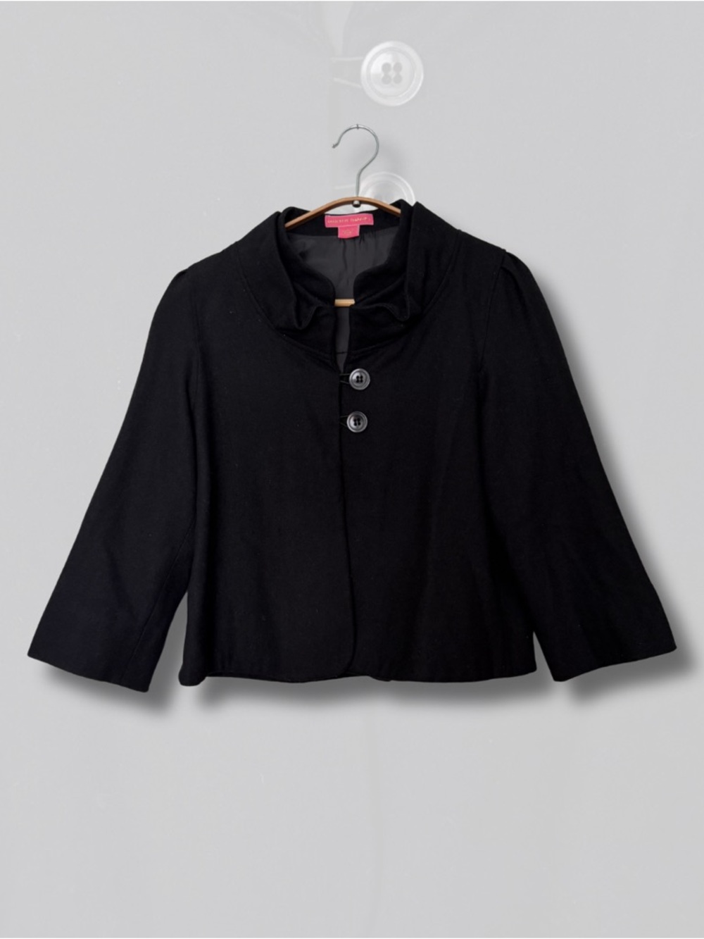 Charlotte Tarantola Black Wool Blend Cropped Jacket | Ruffle Collar XS